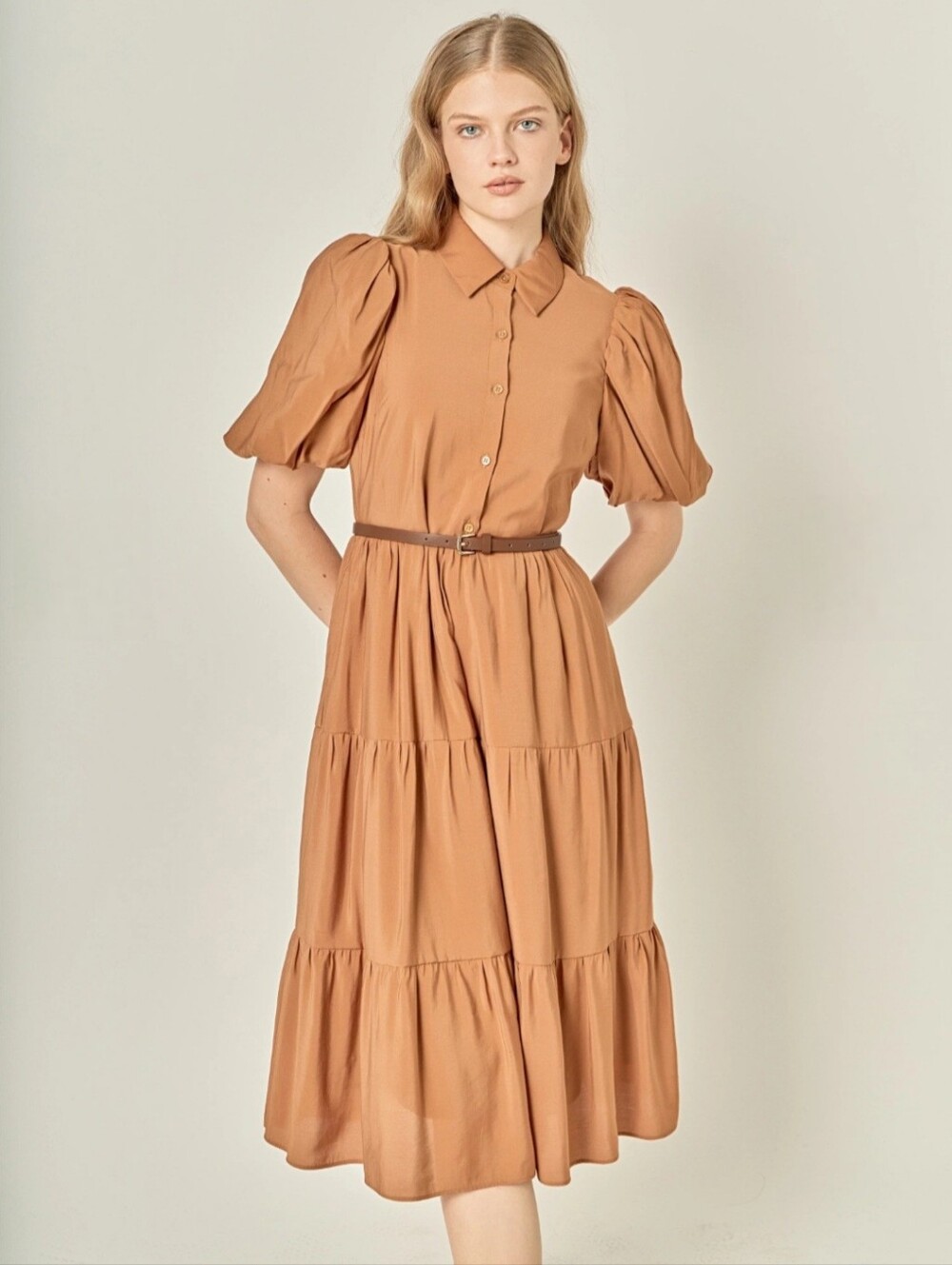 English Factory Tiered Puff-Sleeve Shirt Dress in Camel
